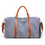 stripe contrast leather canvas bag